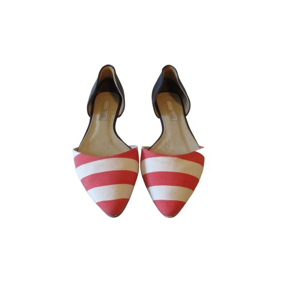 *Boden Coral and White Fun D'orsay Flats Striped Canvas Navy Blue Leather Heel - Picture 3 of 8